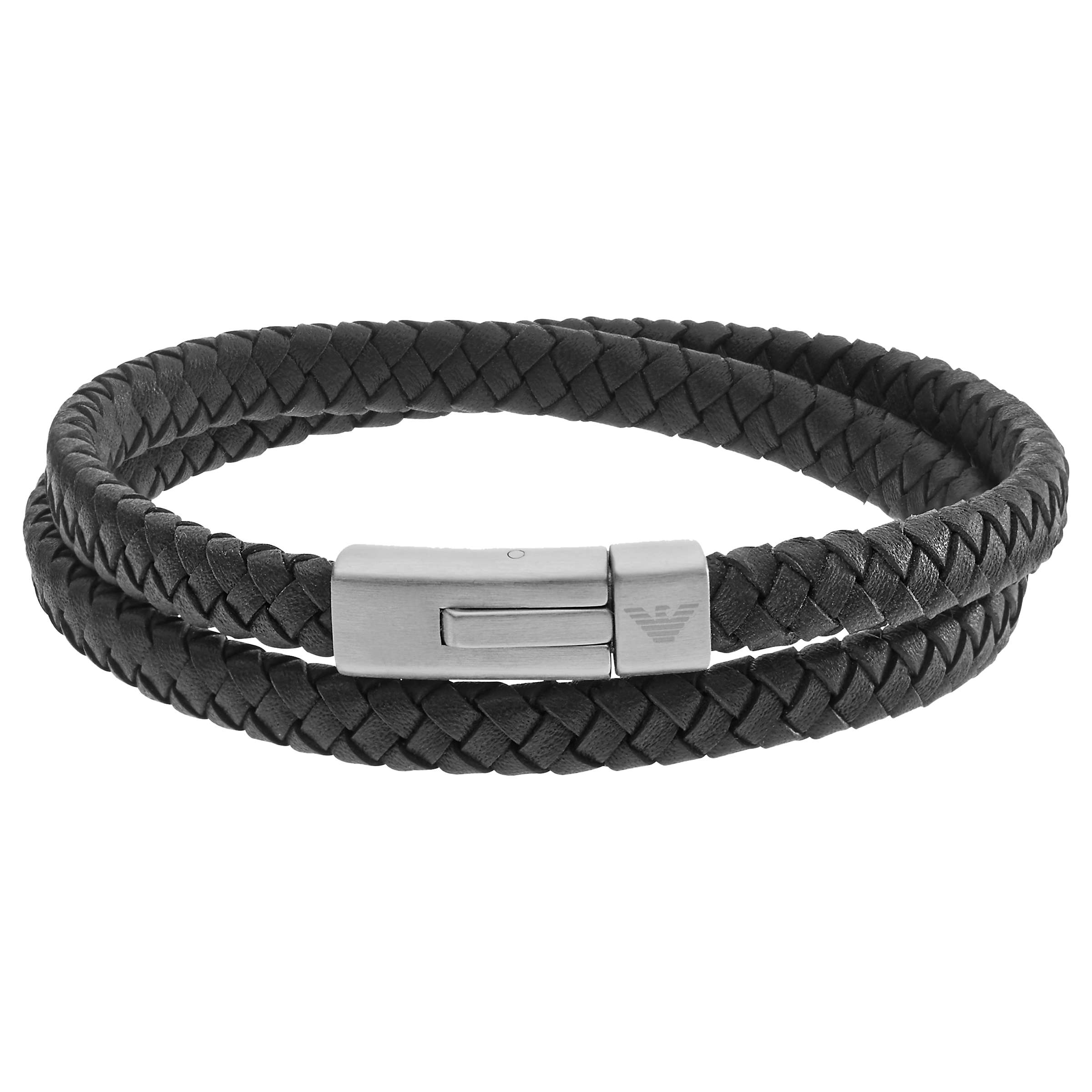 Buy Emporio Armani Men's Double Braided Leather Bracelet, Black/Silver Online at johnlewis.com