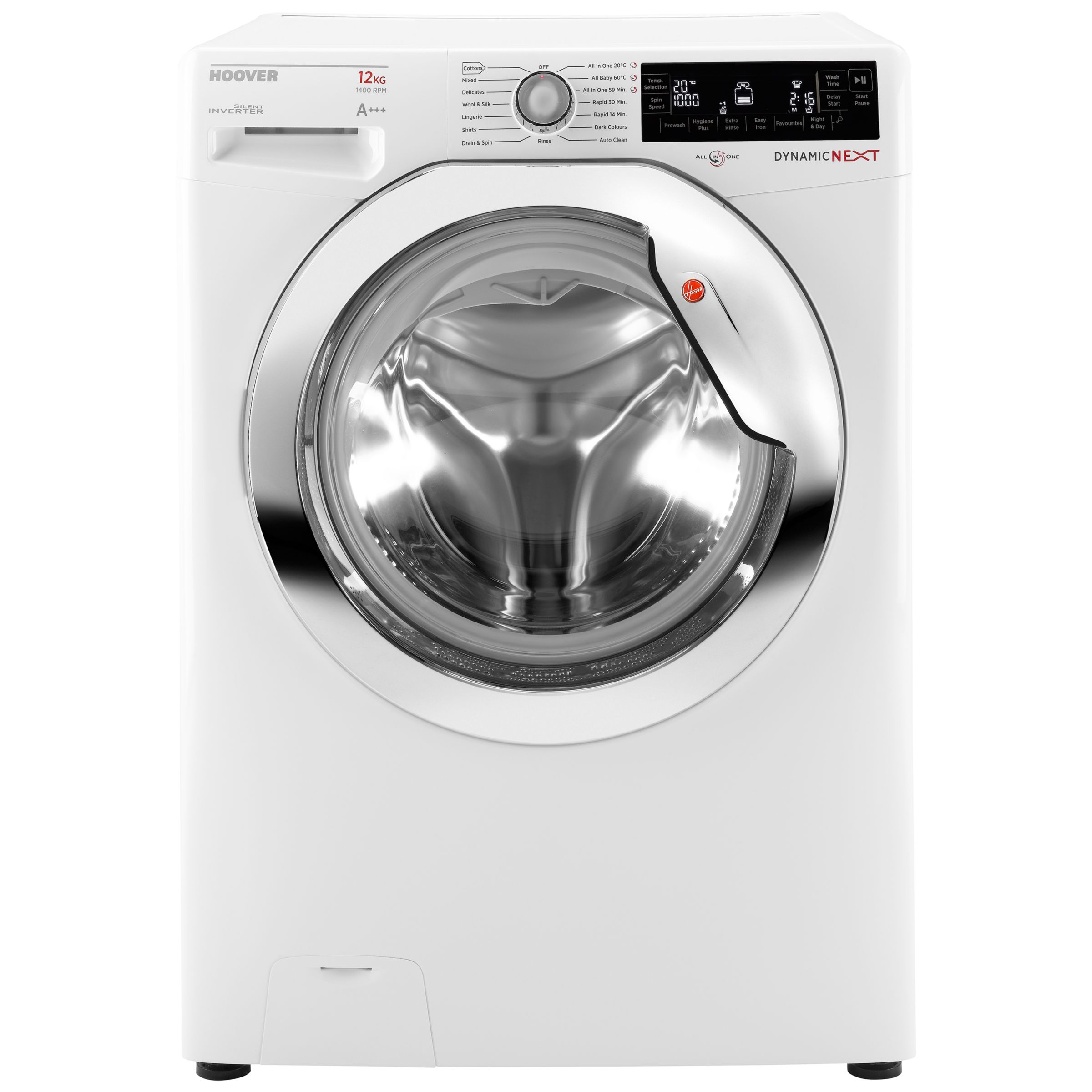 Hoover Dynamic Next Premium DXP 412AIW3 Freestanding Washing Machine, 12kg Load, A+++ Energy Rating, 1400rpm Spin, White/Chrome