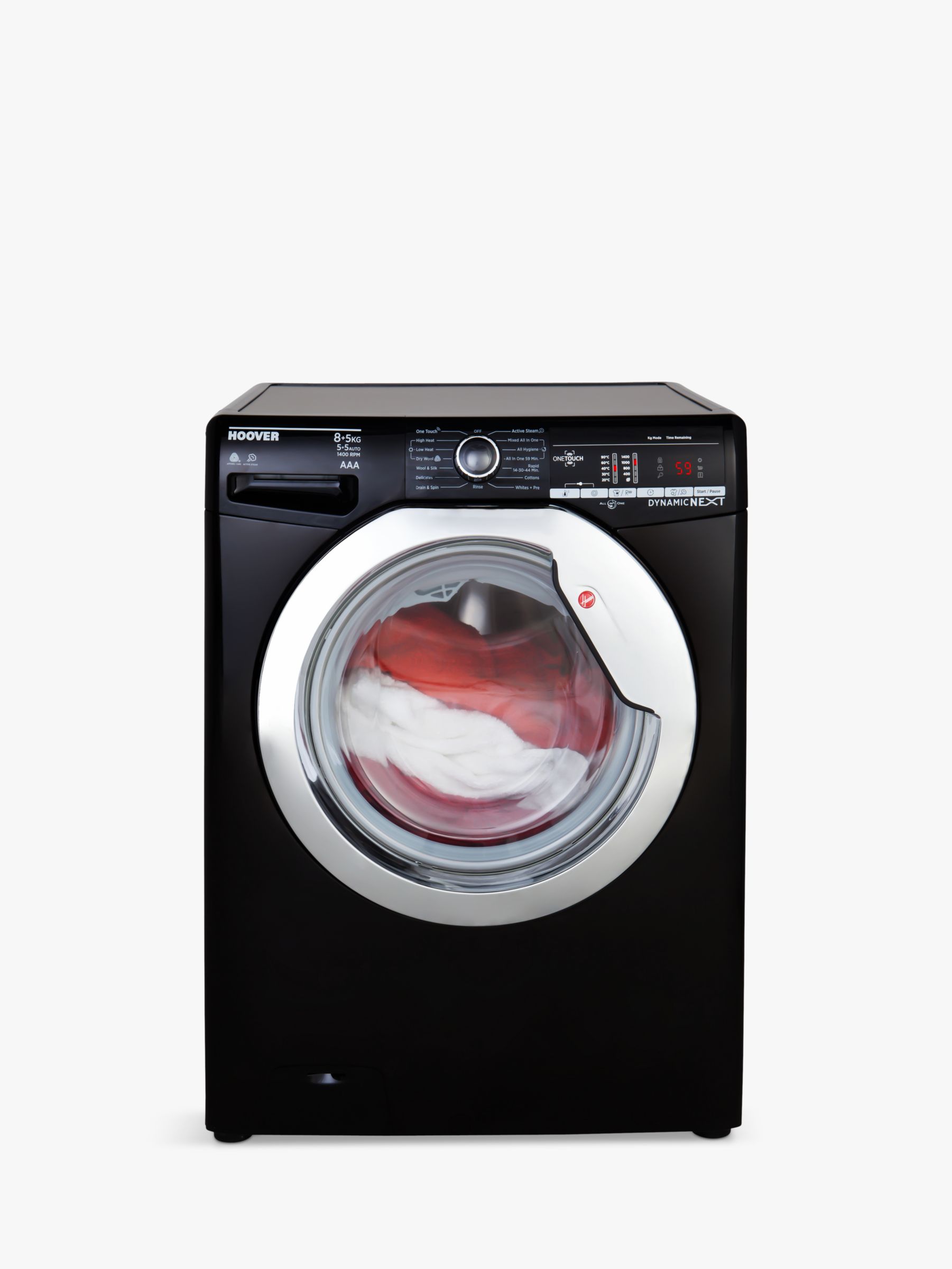 Hoover Dynamic Next Advanced WDXOA 485ACB Freestanding Washer Dryer with NFC, 8kg Wash/5kg Dry Load, A+++ Energy Rating, 1400rpm Spin, Black/Chrome