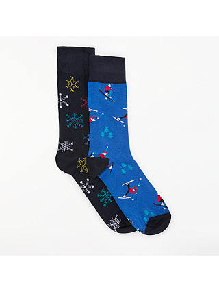 John Lewis & Partners Festive Skier/Snowflake Socks, One Size, Pack of 2, Blue/Navy