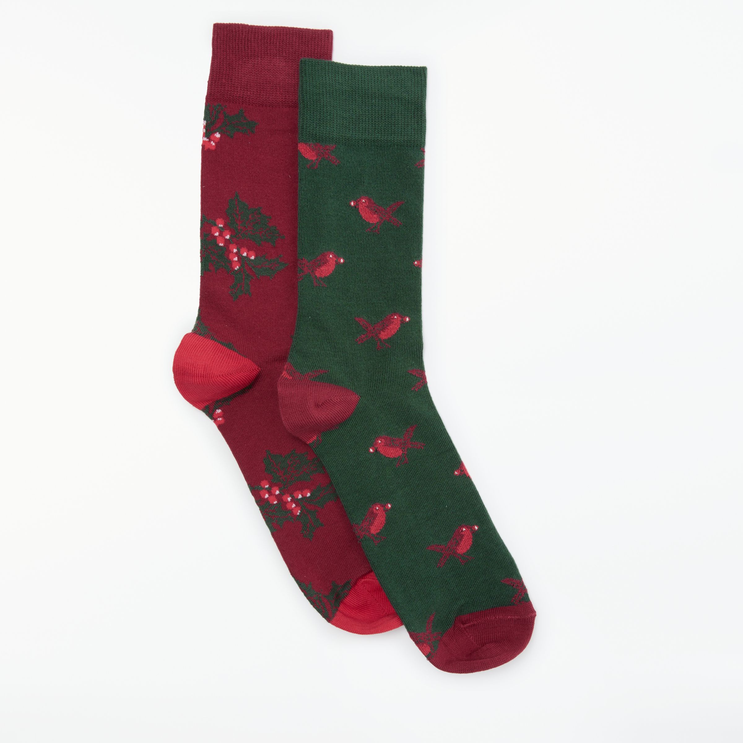 John Lewis 7 Partners Christmas Robin/Holly Socks, One Size, Pack of 2, Red/Green
