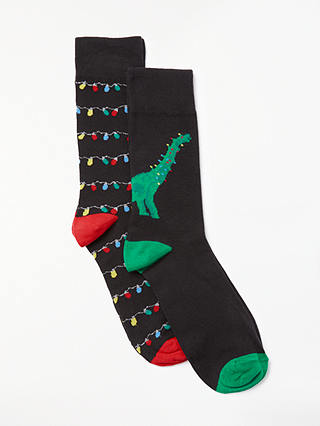 John Lewis & Partners Christmas Dinosaur Socks, One Size, Pack of 2, Black