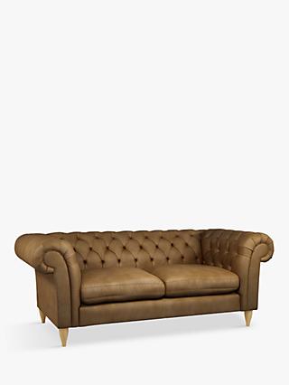 John Lewis Cromwell Chesterfield Large 3 Seater Leather Sofa, Light Leg, Demetra Light Tan