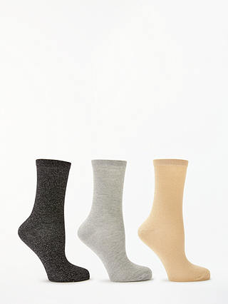 John Lewis & Partners Sparkle Cotton Blend Ankle Socks, Pack of 3, Gold/Silver/Black