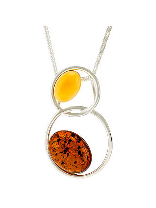 Be-Jewelled Sterling Silver Double Circle Amber Pendant Necklace, Cognac/Lemon