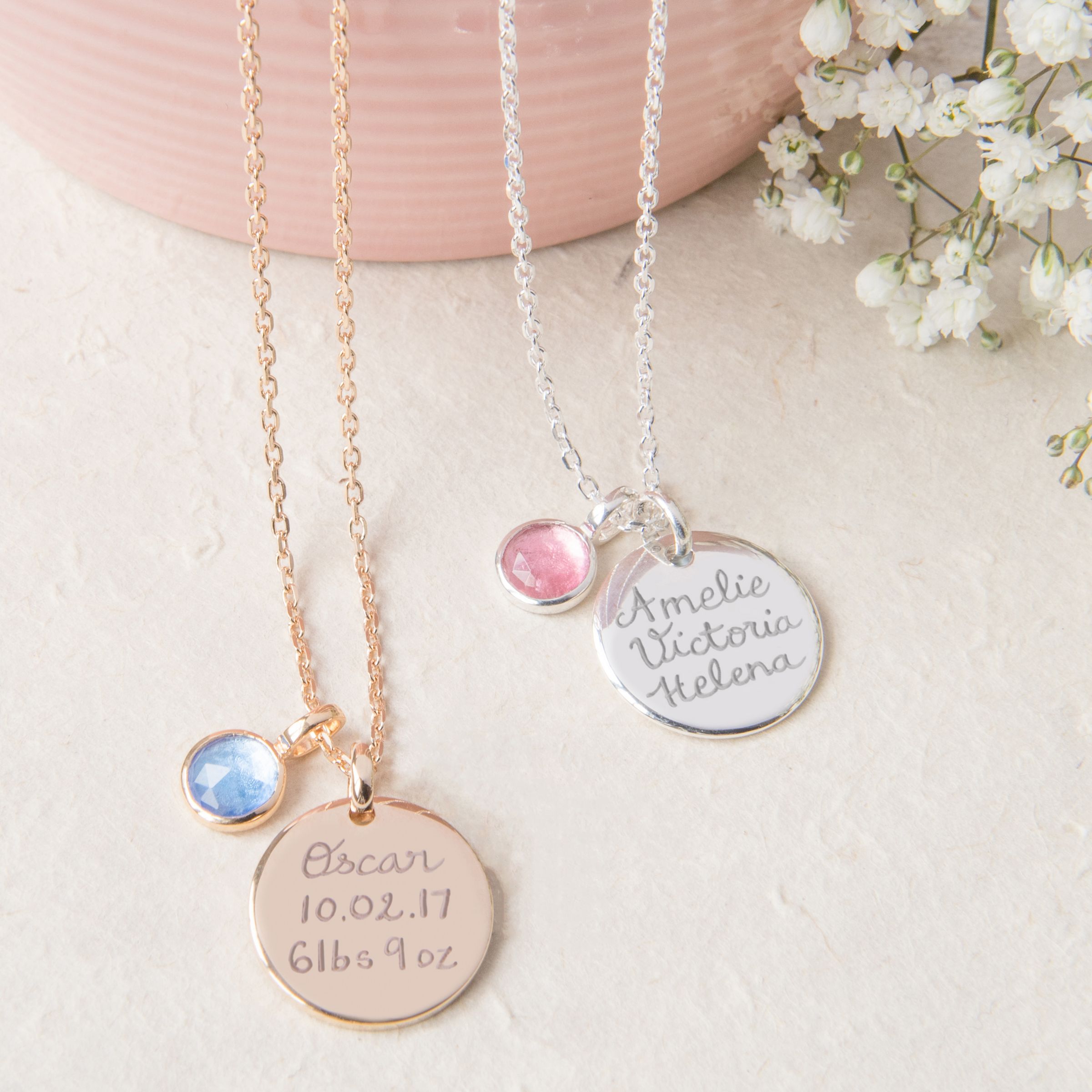 Merci Maman Personalised Disc and Birthstone Pendant Necklace, Gold