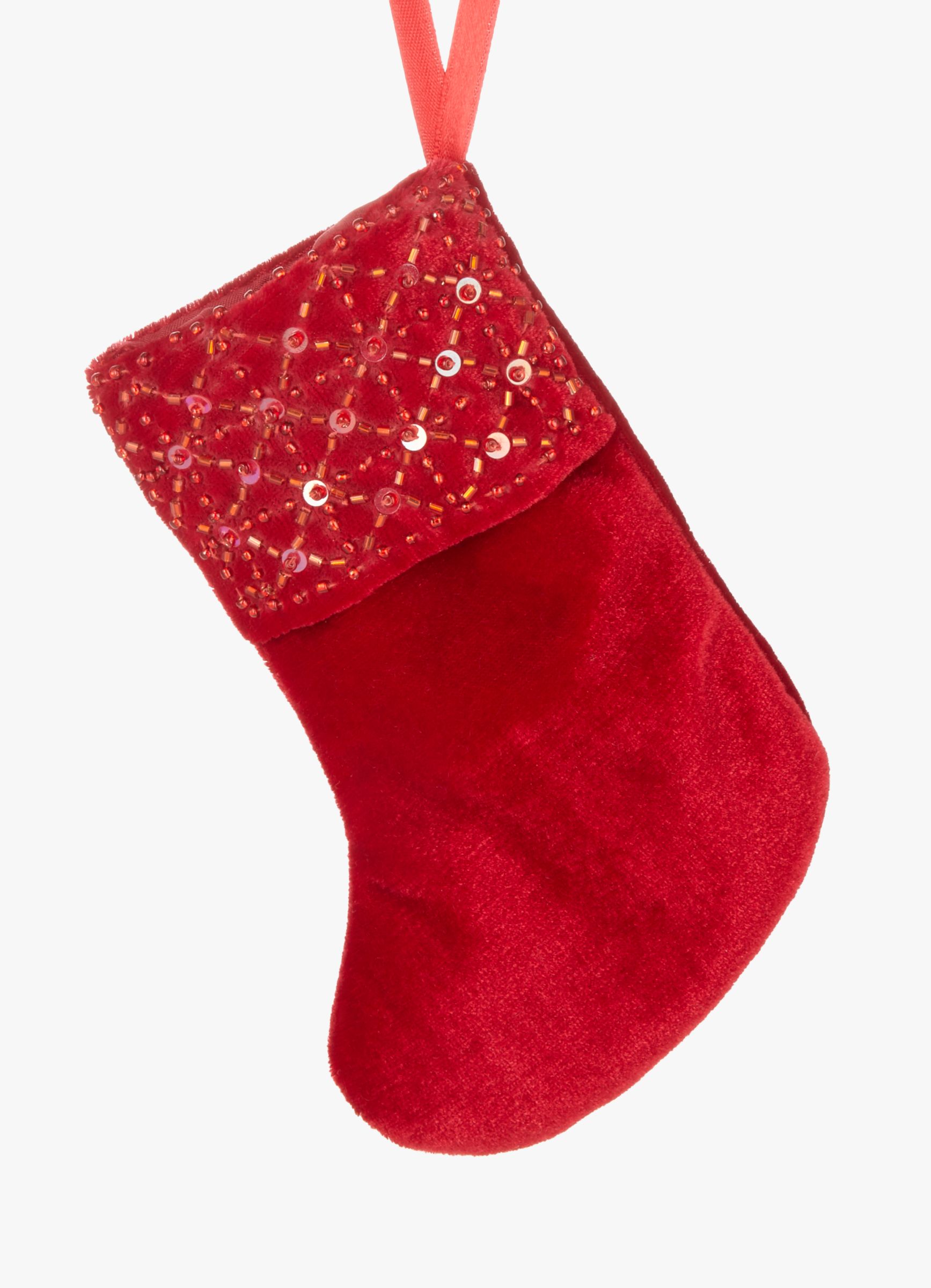 John Lewis & Partners Ruby Beaded Velvet Stocking Tree Decoration, Red