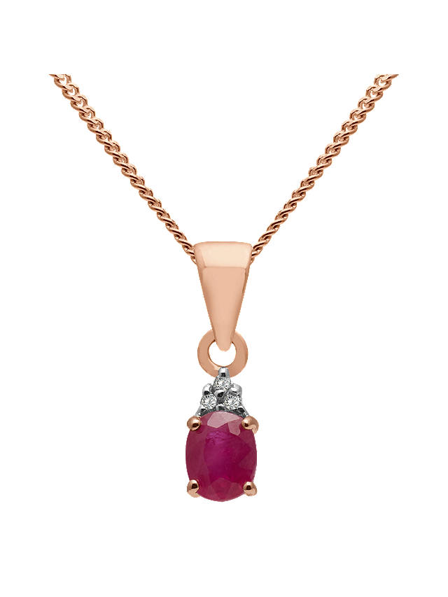A B Davis 9ct Gold Precious Stone and Diamond Oval Pendant Necklace, Rose Gold/Ruby