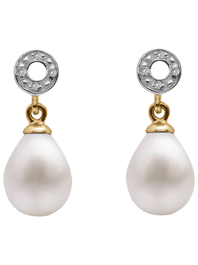 A B Davis 9ct Gold Freshwater Pearl and Diamond Circle Drop Earrings, White