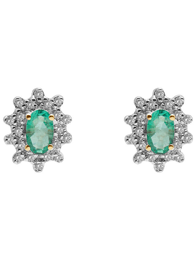 A B Davis 9ct Gold Oval Precious Stone and Cluster Diamond Stud Earrings, Emerald