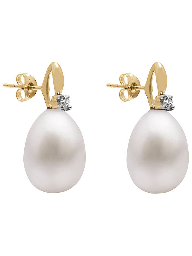 A B Davis 9ct Gold Freshwater Pearl Solitaire Diamond Drop Earrings, White