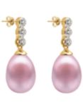 E.W Adams 9ct Gold Freshwater Pearl Three Diamond Drop Earrings, Pink