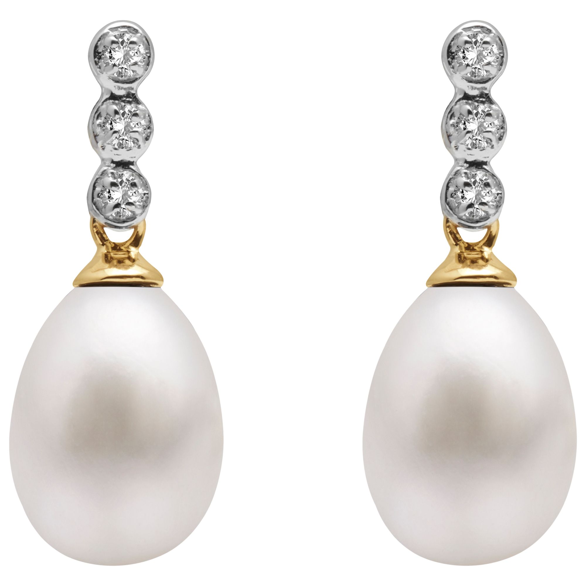A B Davis 9ct Gold Freshwater Pearl Three Diamond Drop Earrings, White ...