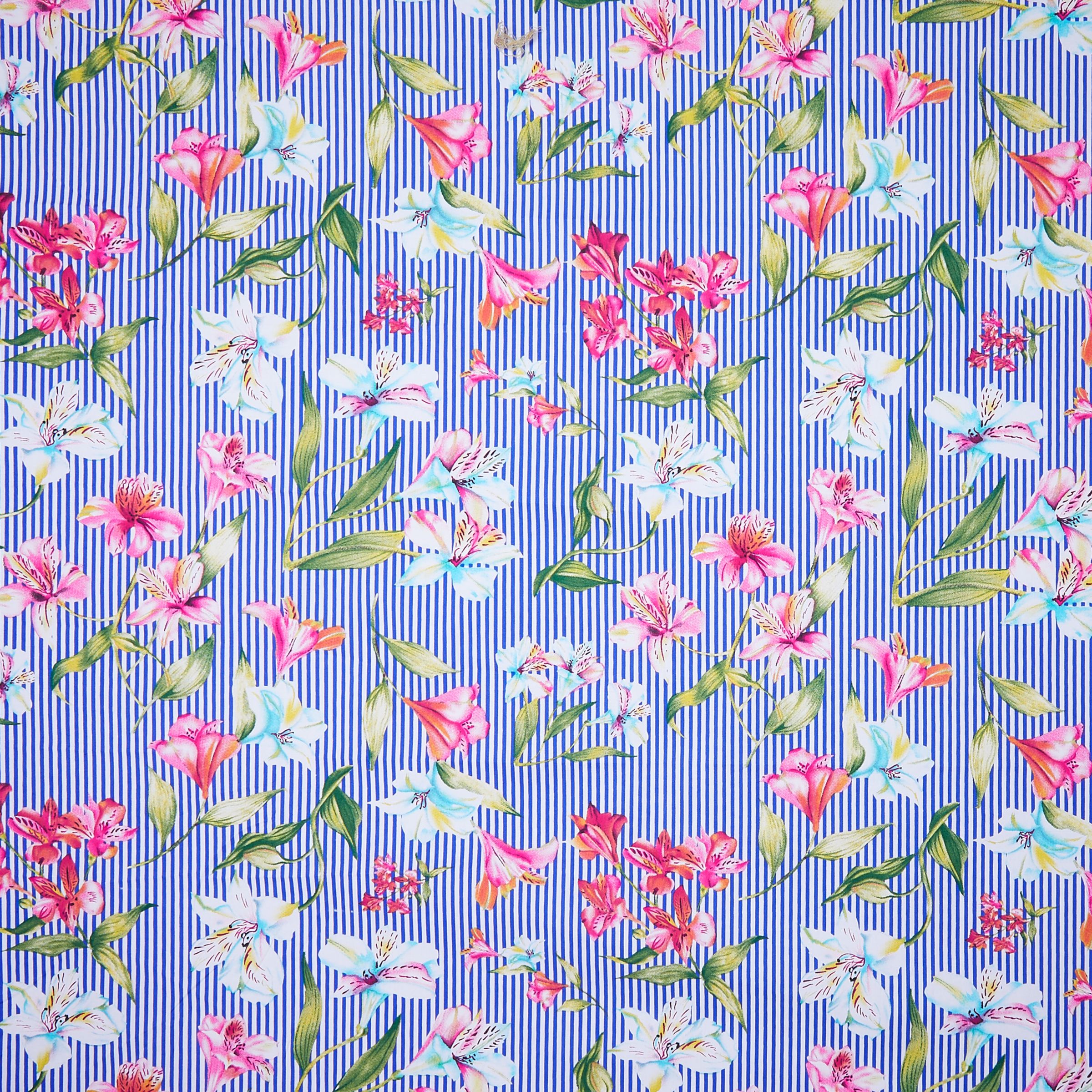 Viscount Textiles Firenze Stripe With Flower Print Fabric, Light Blue