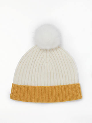 Collection WEEKEND by John Lewis Ribbed Pom Pom Cashmere Beanie, Cream/Ochre