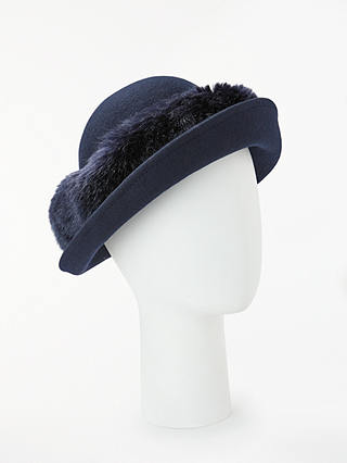 John Lewis & Partners Faux Fur Trim Wool Breton Balfour Hat, Navy