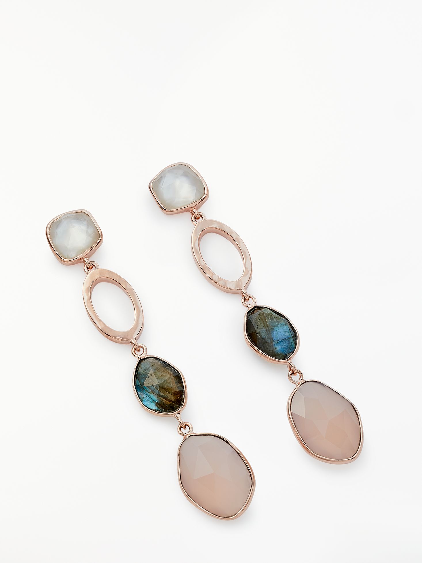John Lewis & Partners Semi-Precious Stone Triple Drop Earrings, Pearl/Labradorite/Rose Chalcedony