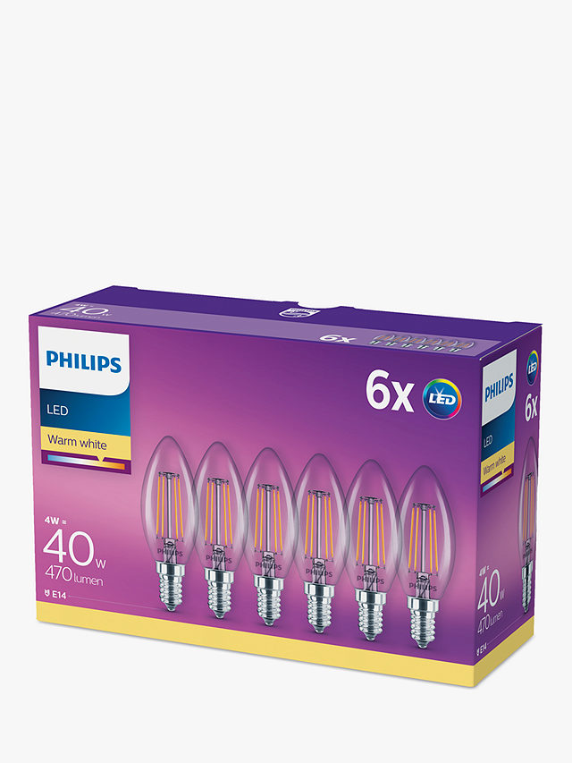 Philips 4.3W SES LED Filament Candle Bulb, Clear, Non Dimmable, Pack of 6