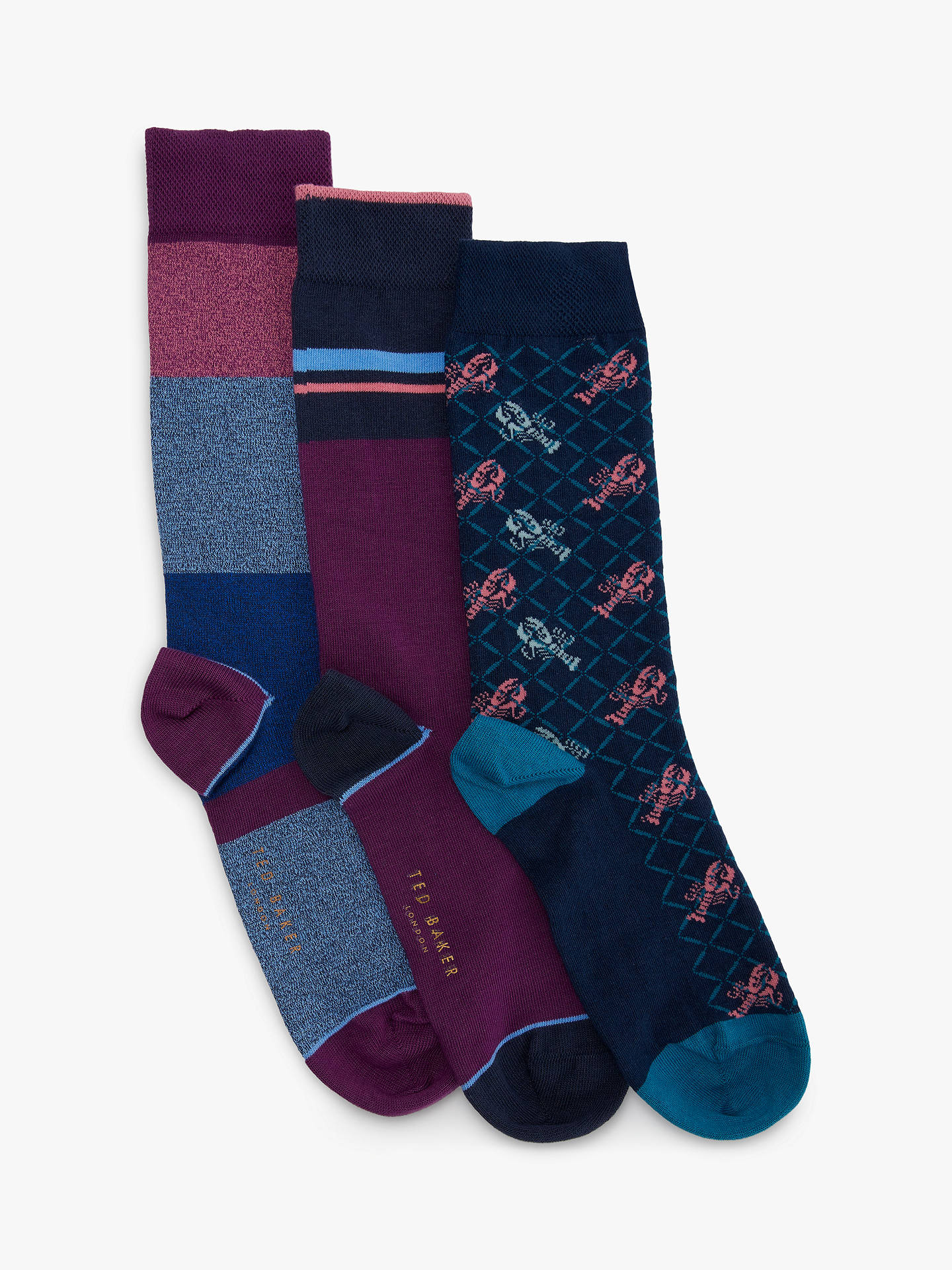 Ted Baker Stripe and Lobster Socks, Pack of 3, One Size at John Lewis ...
