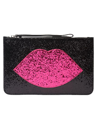 Lulu Guinness Glitter Lip Grace Clutch Bag, Black/Hot Pink