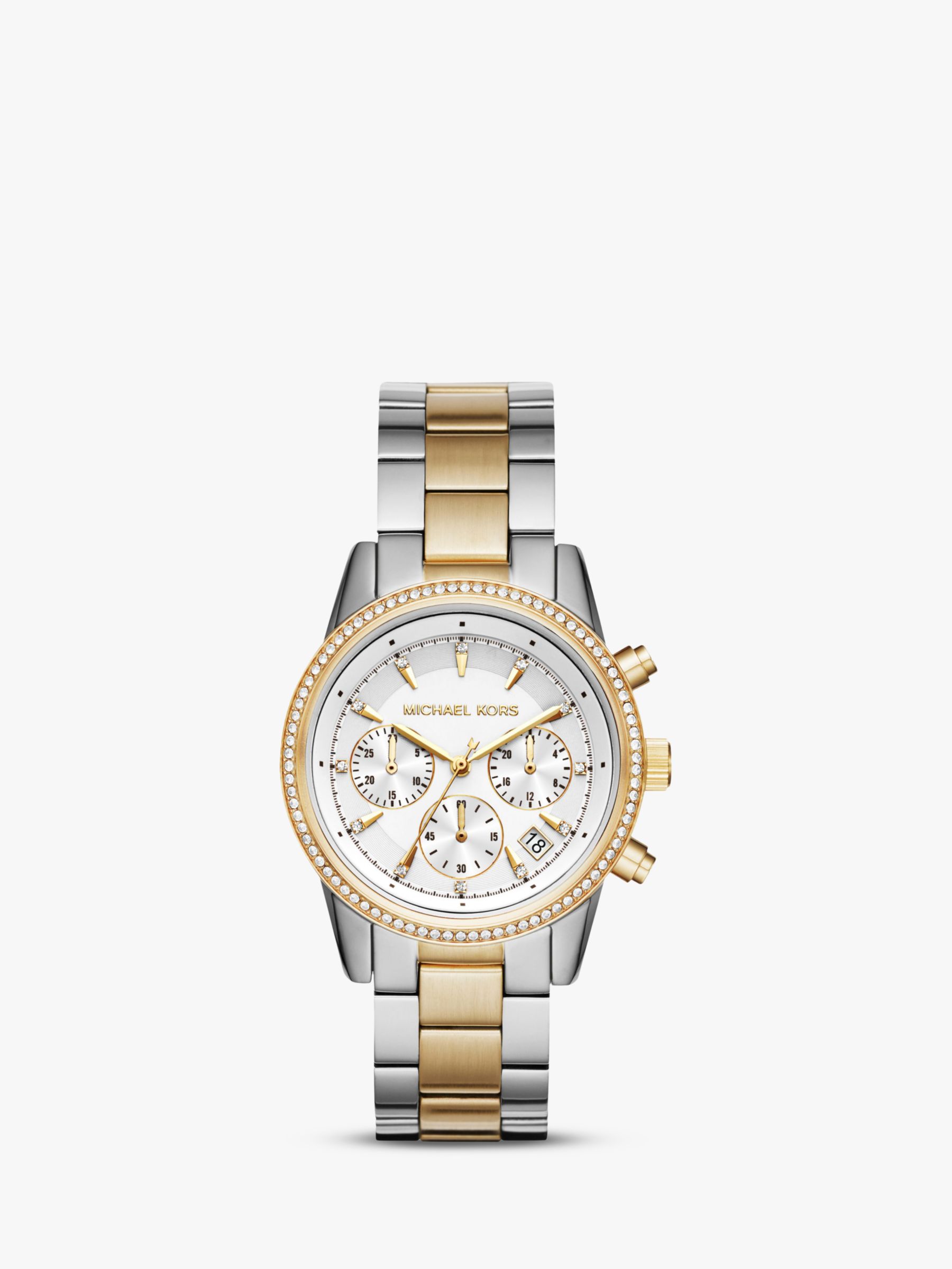 Michael Kors Women's Ritz Crystal Chronograph Date Bracelet Strap Watch,  Silver/Gold MK6474 at John Lewis & Partners