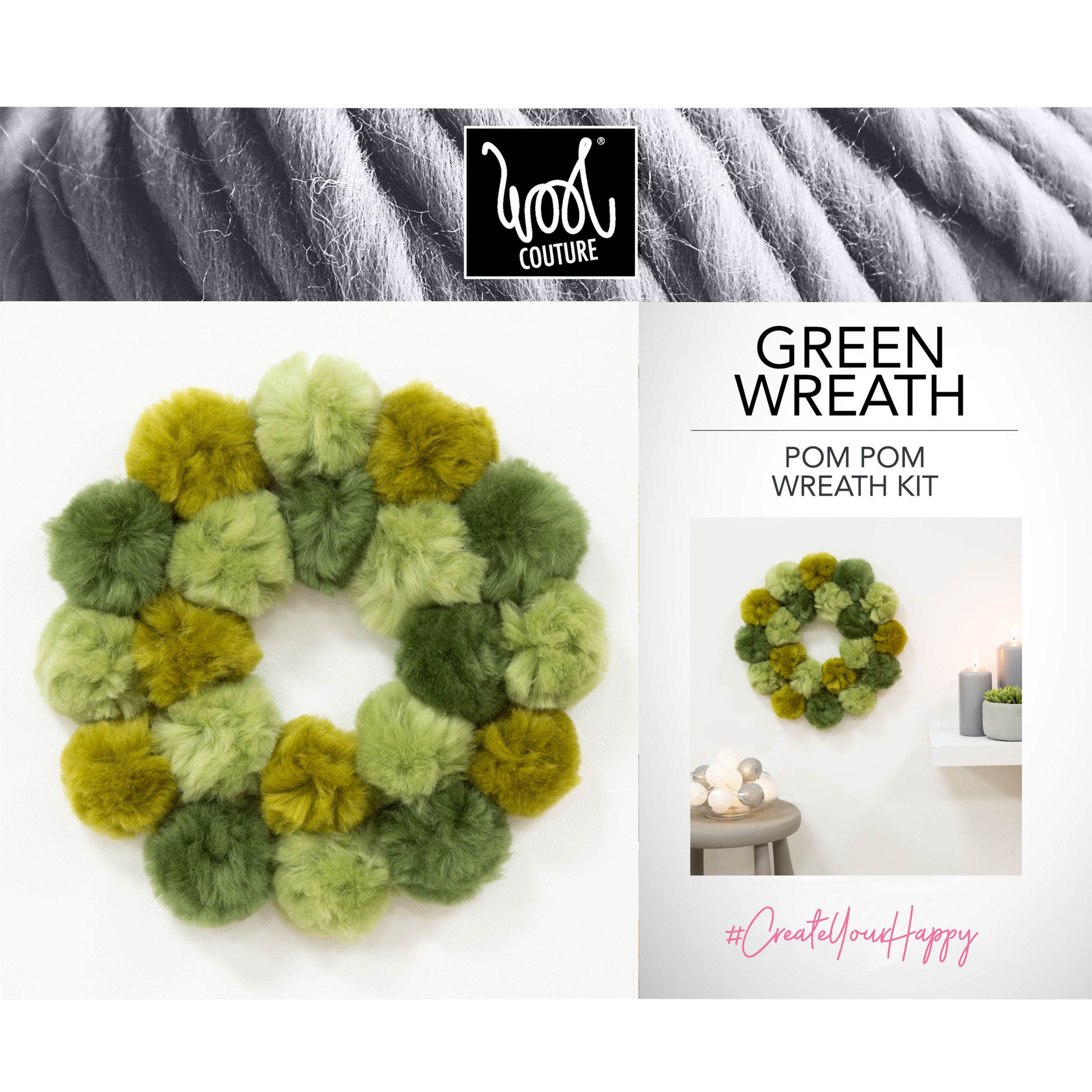 Wool Couture Pompom Wreath Kit, Green