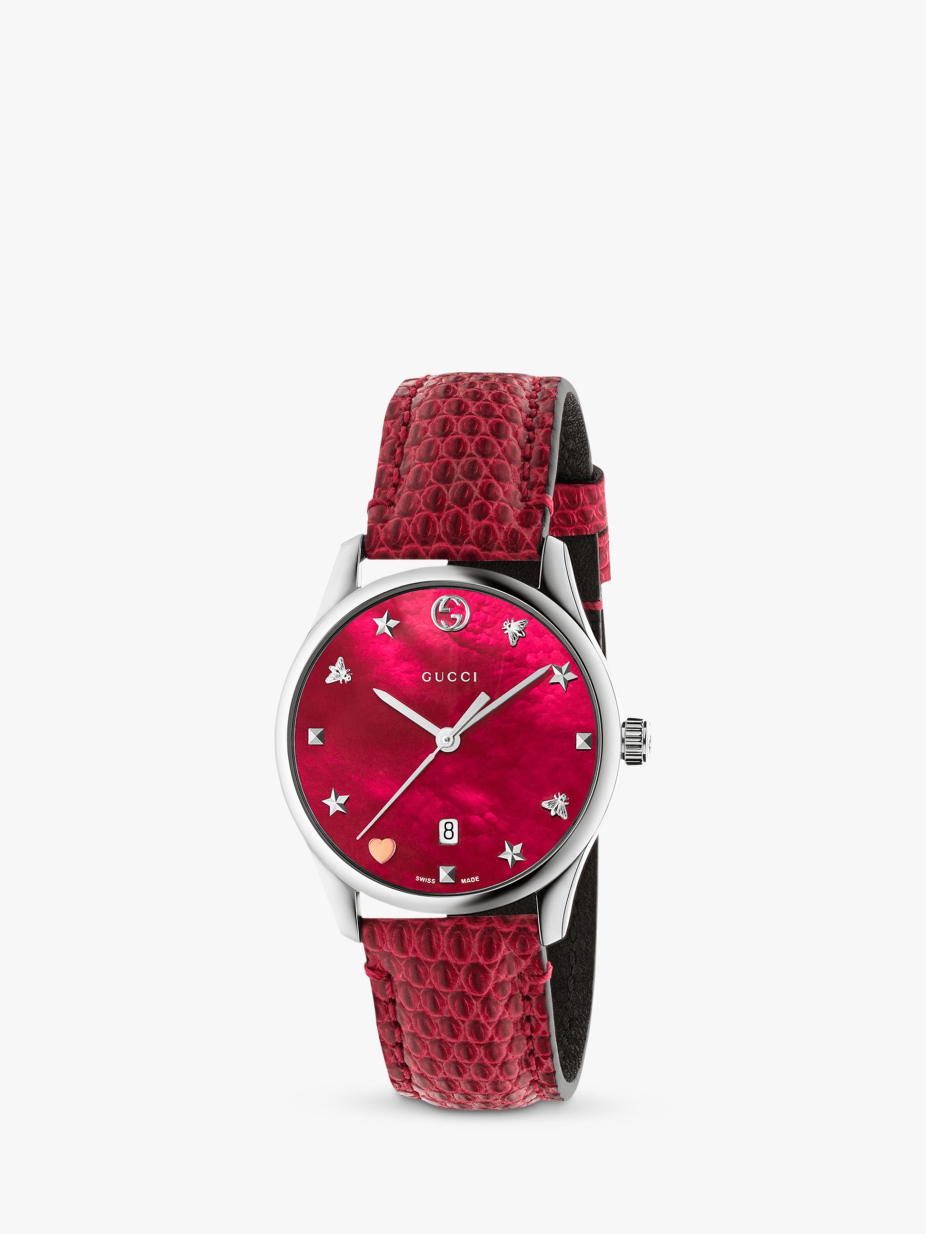 Gucci YA126584 Women's G-Timeless Date Leather Strap Watch, Red