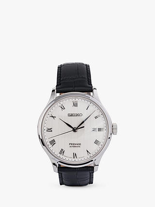 Seiko SRPC83J1 Men's Presage Automatic Date Leather Strap Watch, Black/White