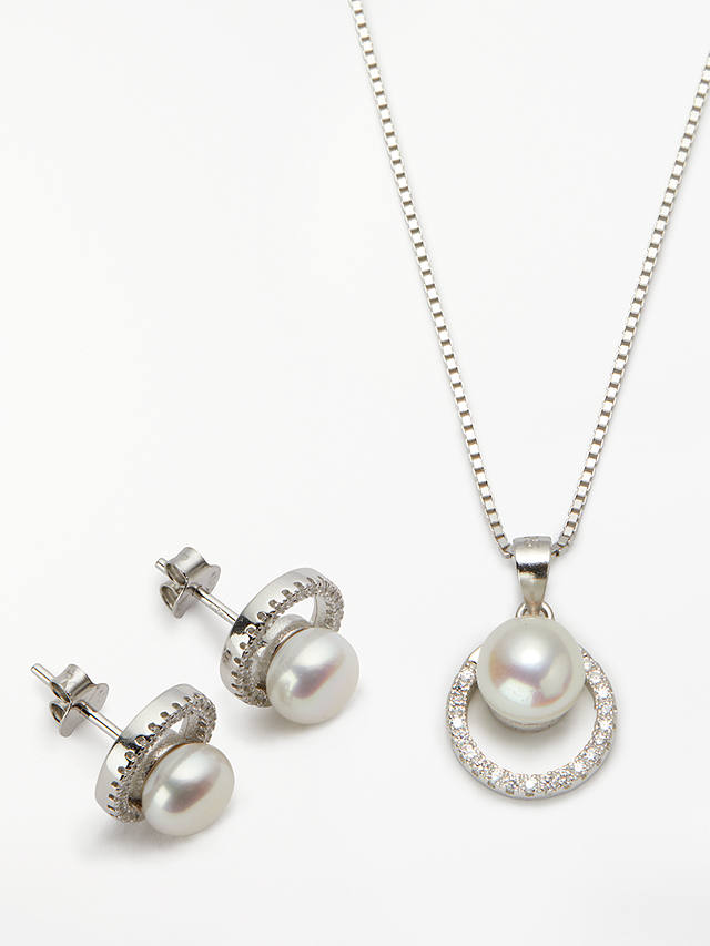 Lido Crystal and Freshwater Pearl Round Stud Earrings and Pendant Necklace Jewellery Set, Silver