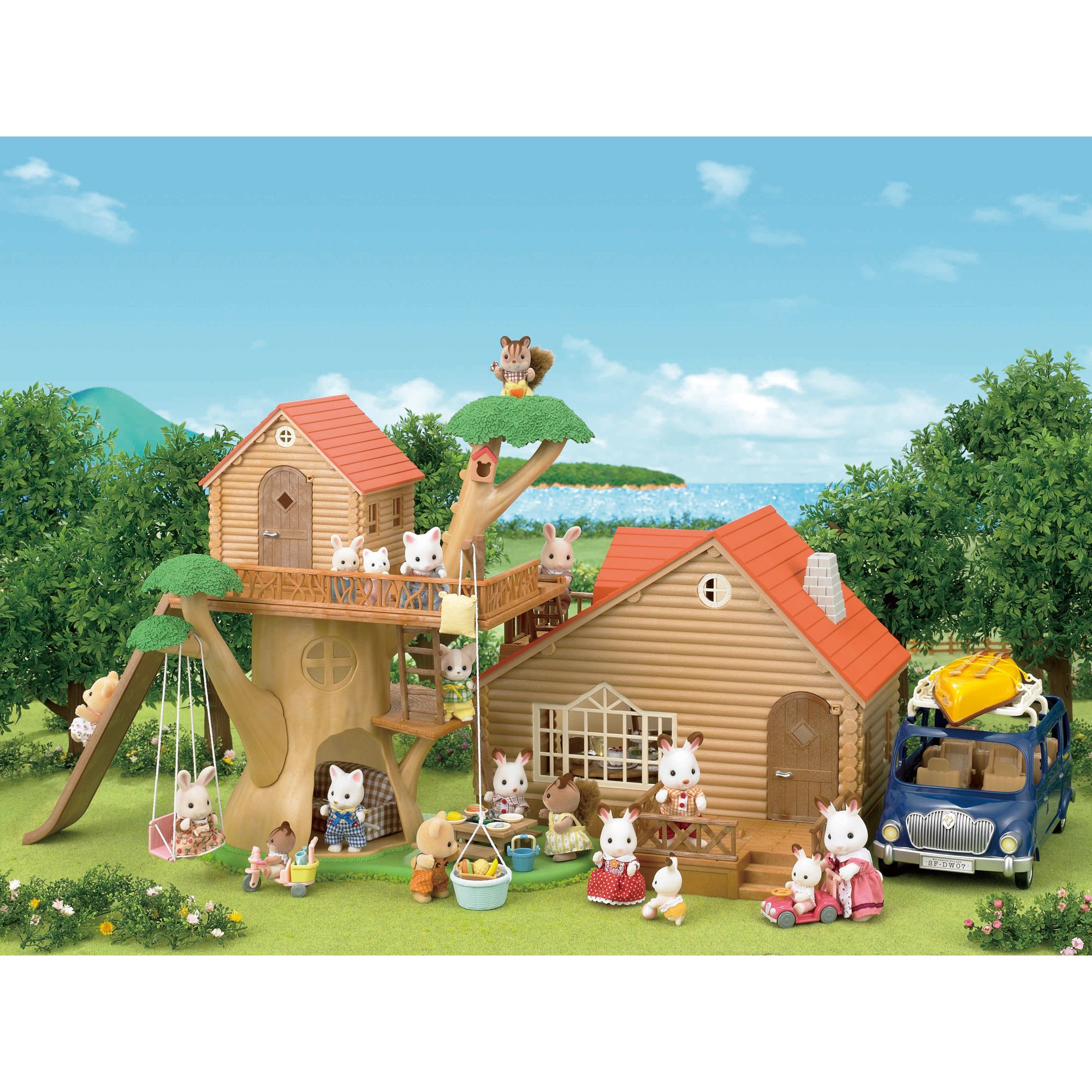 sylvanian families treehouse and log cabin gift set