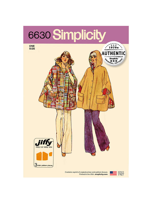 Simplicity Vintage 70's Jiffy Reversible Hooded Poncho Sewing Pattern, 6630, One Size