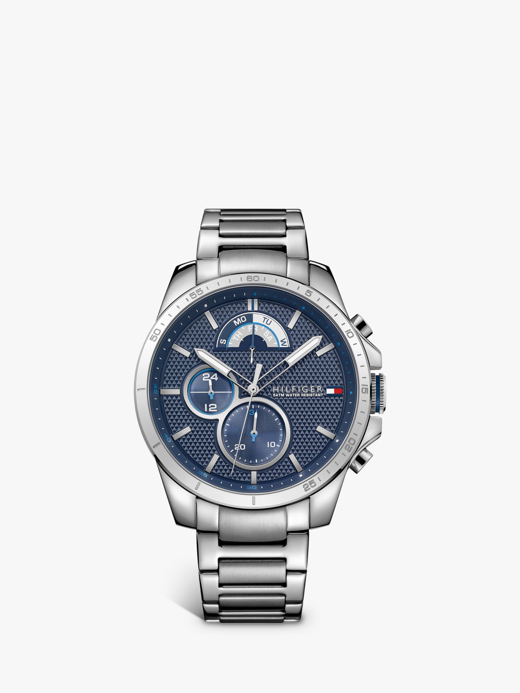 Hilfiger 1791348 Men's Chronograph Bracelet Watch, Silver/Blue at Lewis & Partners