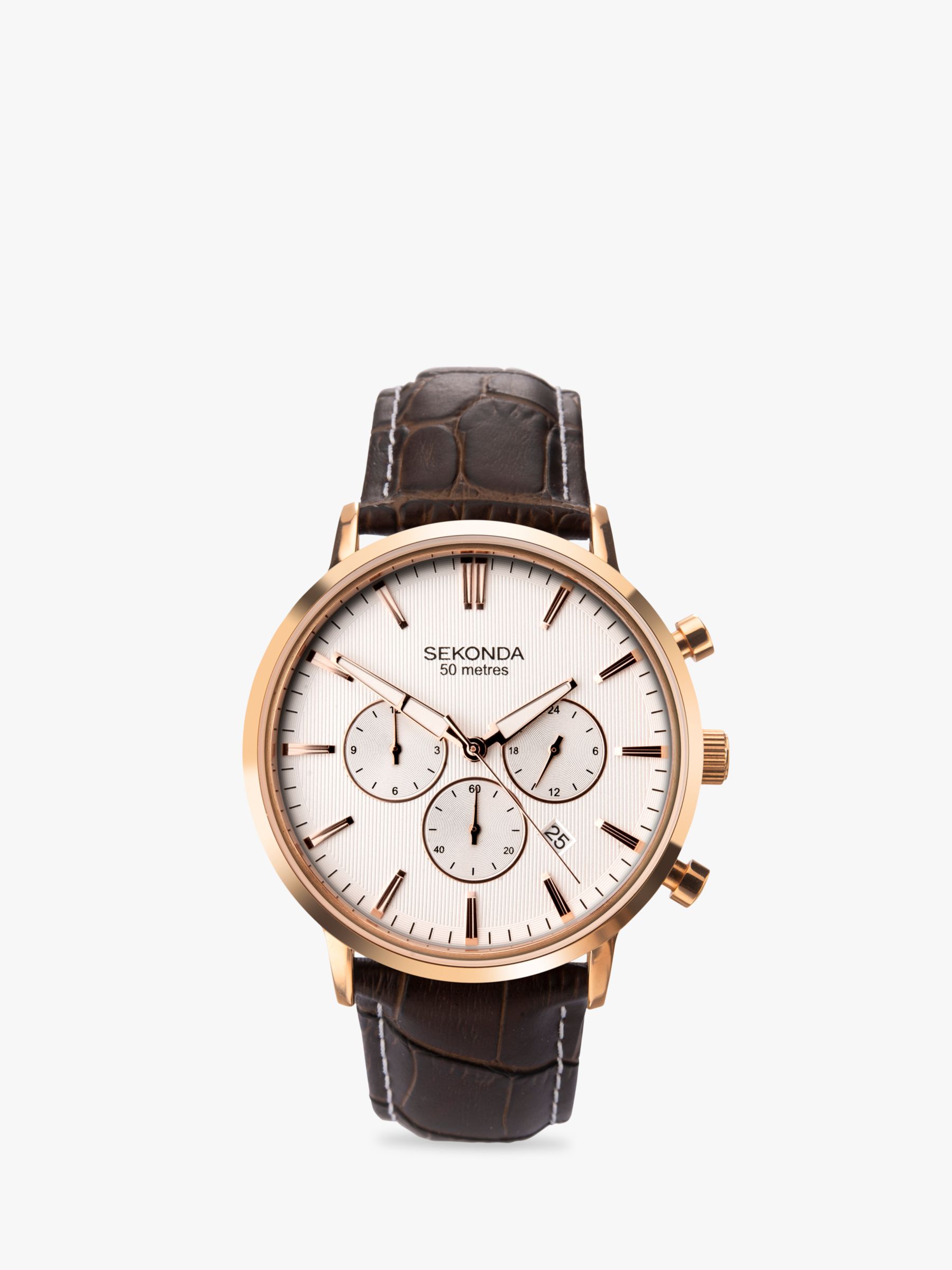 Sekonda 1668.27 Men's Chronograph Date Leather Strap Watch, Brown/White