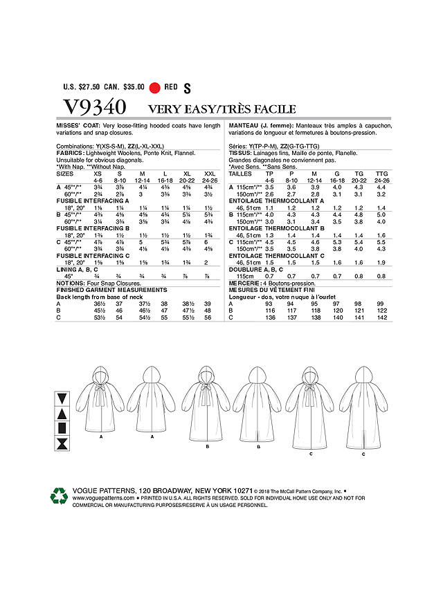 Vogue Women's Very Easy Coats Sewing Pattern, 9340, Y