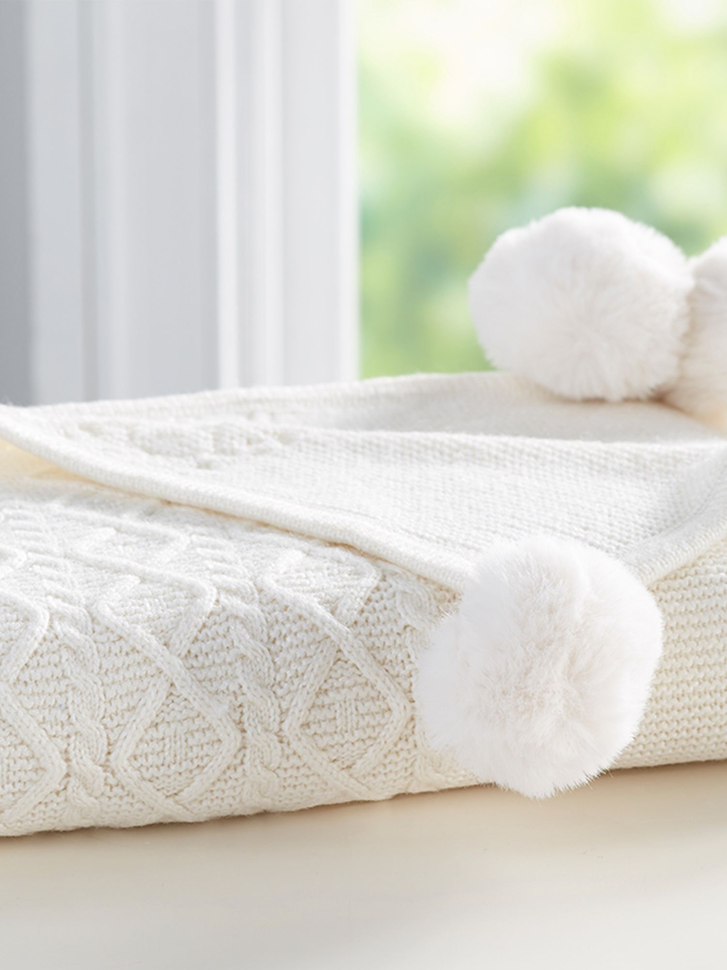 Pottery Barn Kids Cable Knit Pom Pom Baby Blanket Ivory At John