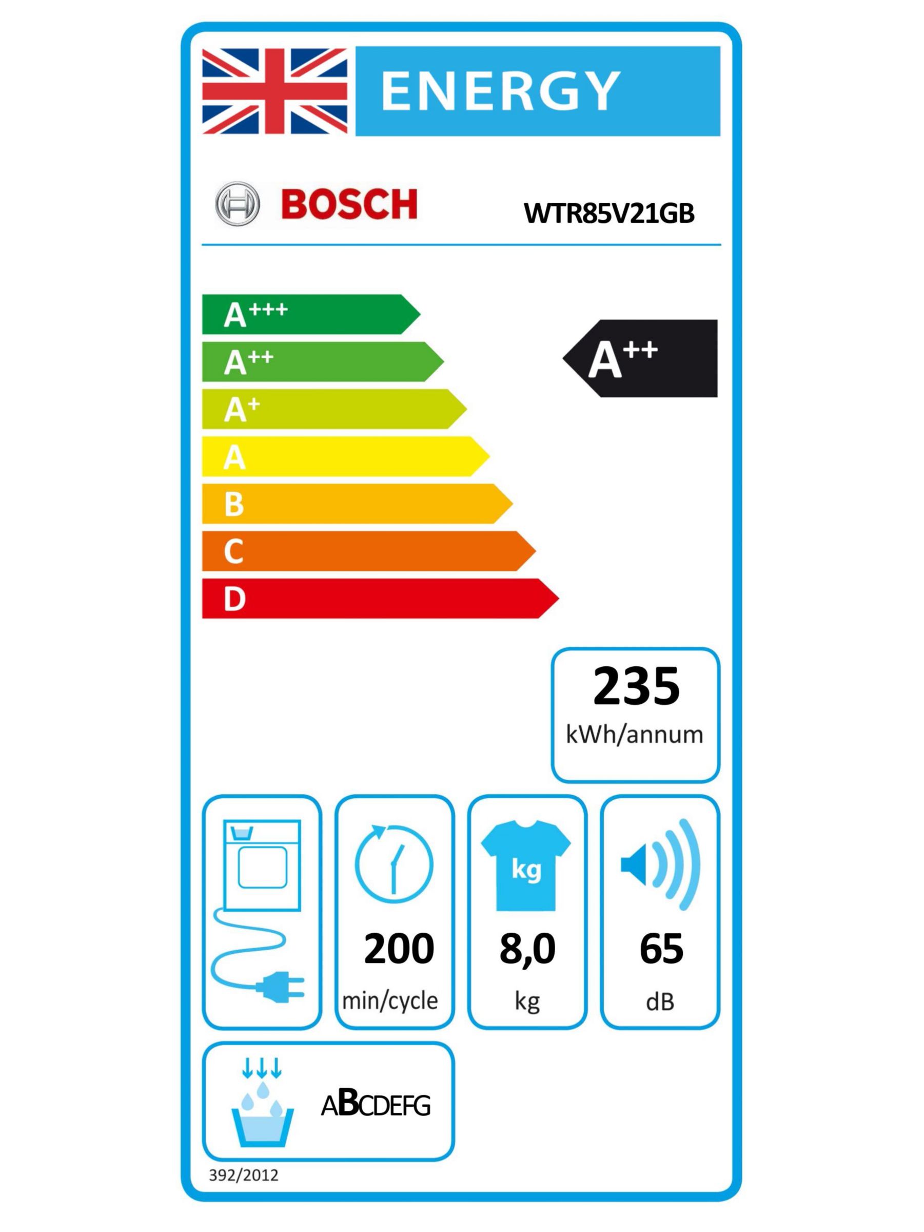 Bosch Wtr85v21gb Heat Pump Tumble Dryer 8kg A Energy Rating