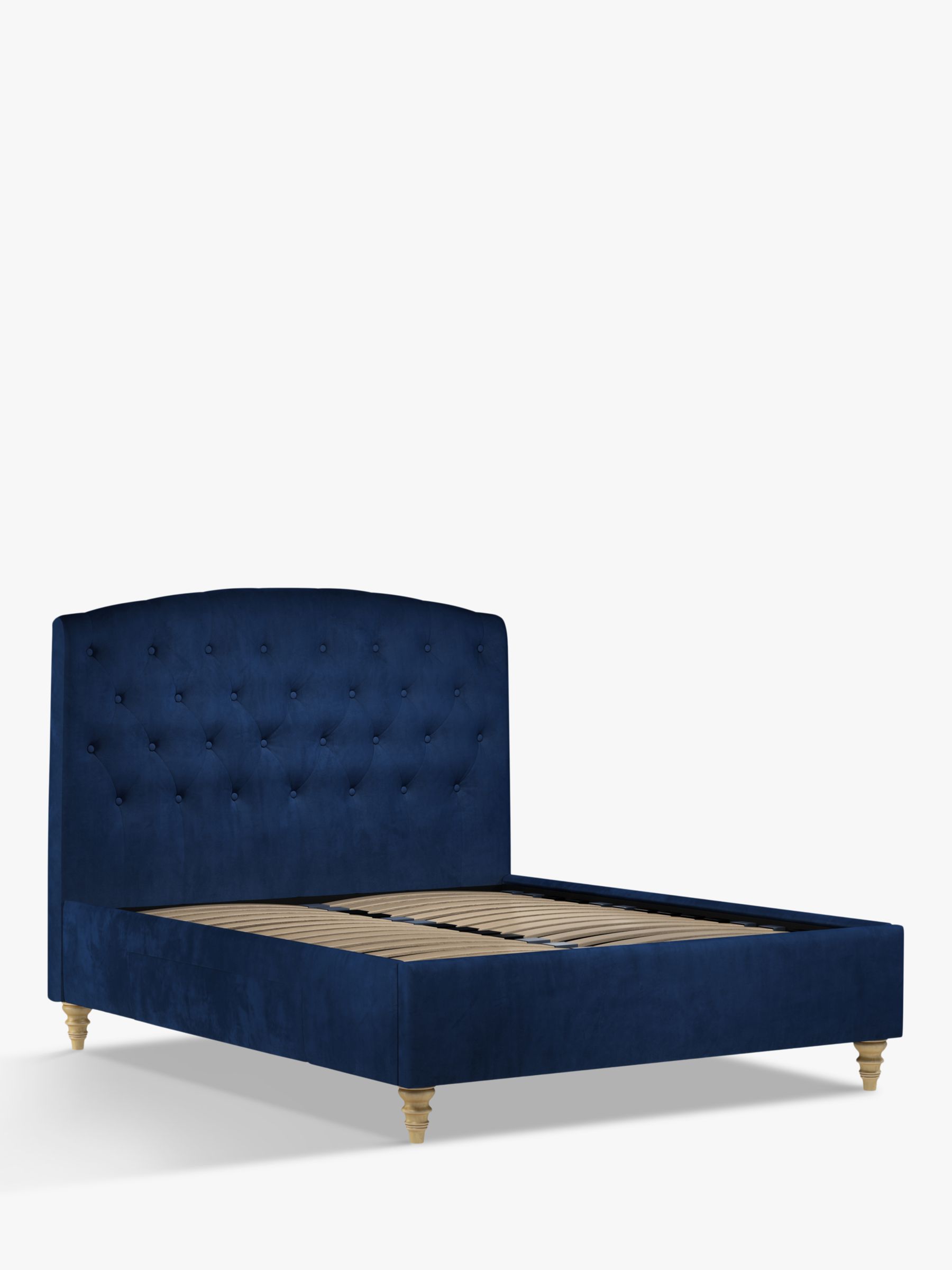 Navy blue upholstered clearance bed with storage