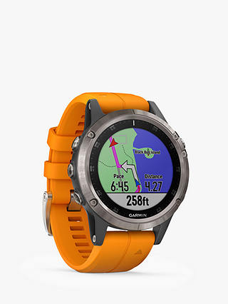 Garmin fēnix 5 Plus Sapphire GPS Multisport Watch, Titanium with Solar Flare Orange Band