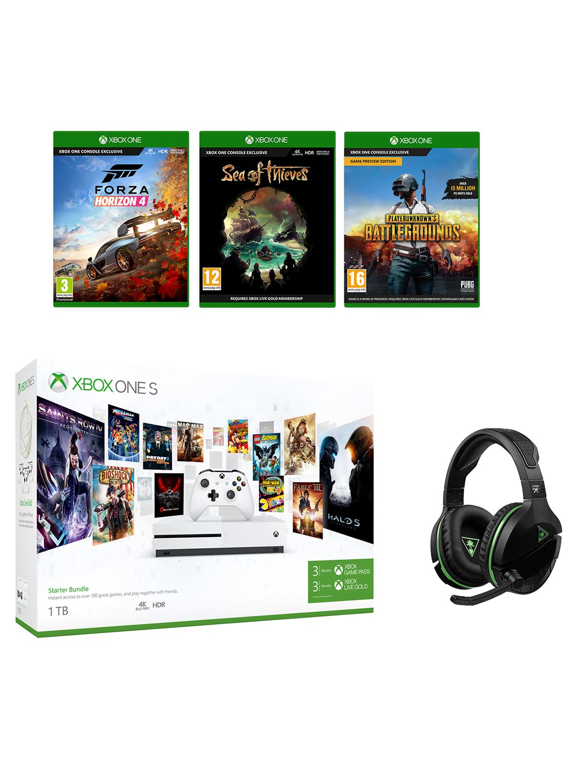 Microsoft Xbox One S Console, 1TB, with Wireless Controller and PlayerUnknown’s Battlegrounds, Forza Horizon 4, Sea of Thieves and RIG 800LX Wireless Gaming Headset Bundle