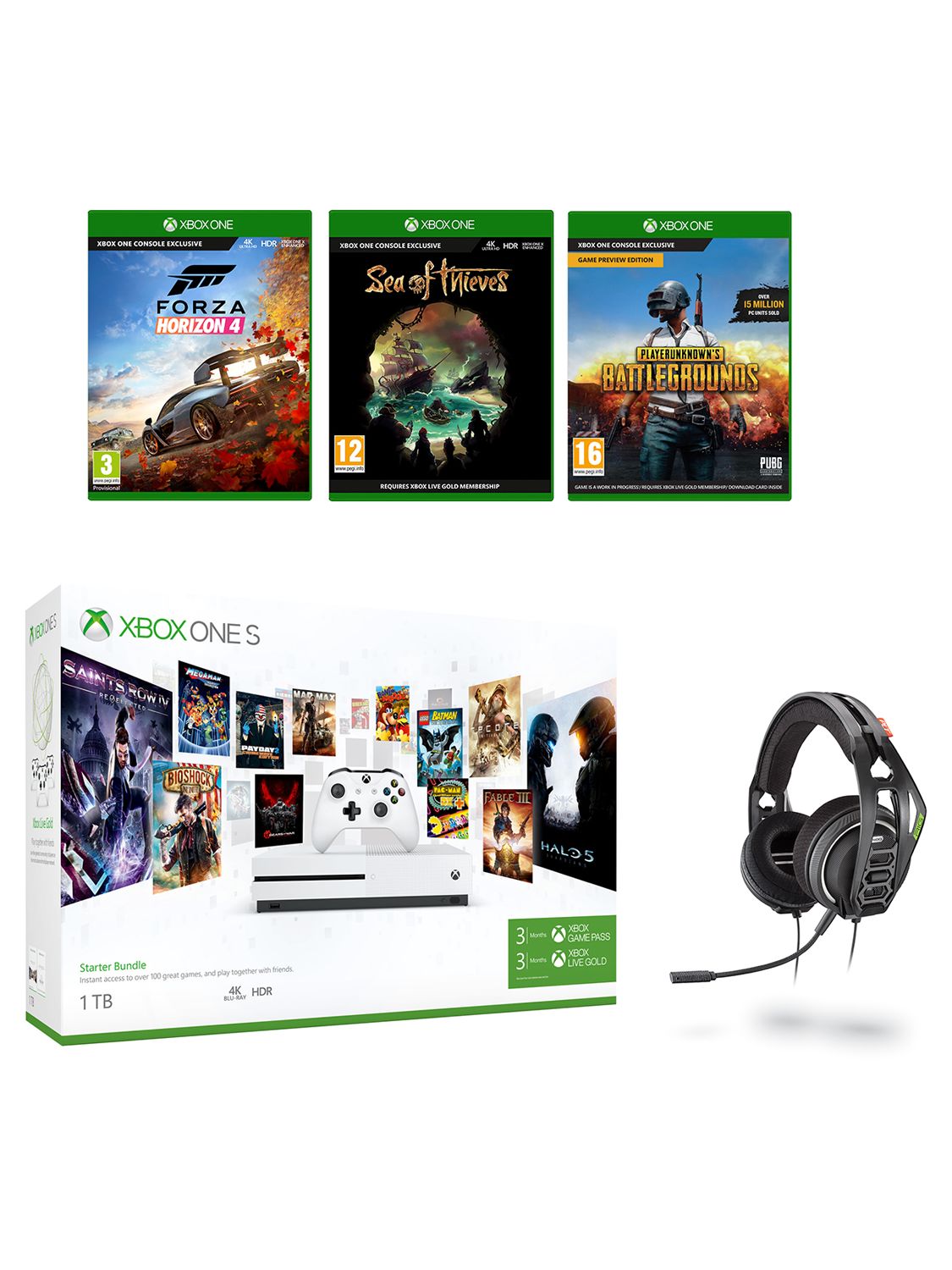 Microsoft Xbox One S Console, 1TB, with Wireless Controller and PlayerUnknown’s Battlegrounds, Forza Horizon 4, Sea of Thieves and Turtle Beach Ear Force Stealth 700 Gaming Headset Bundle