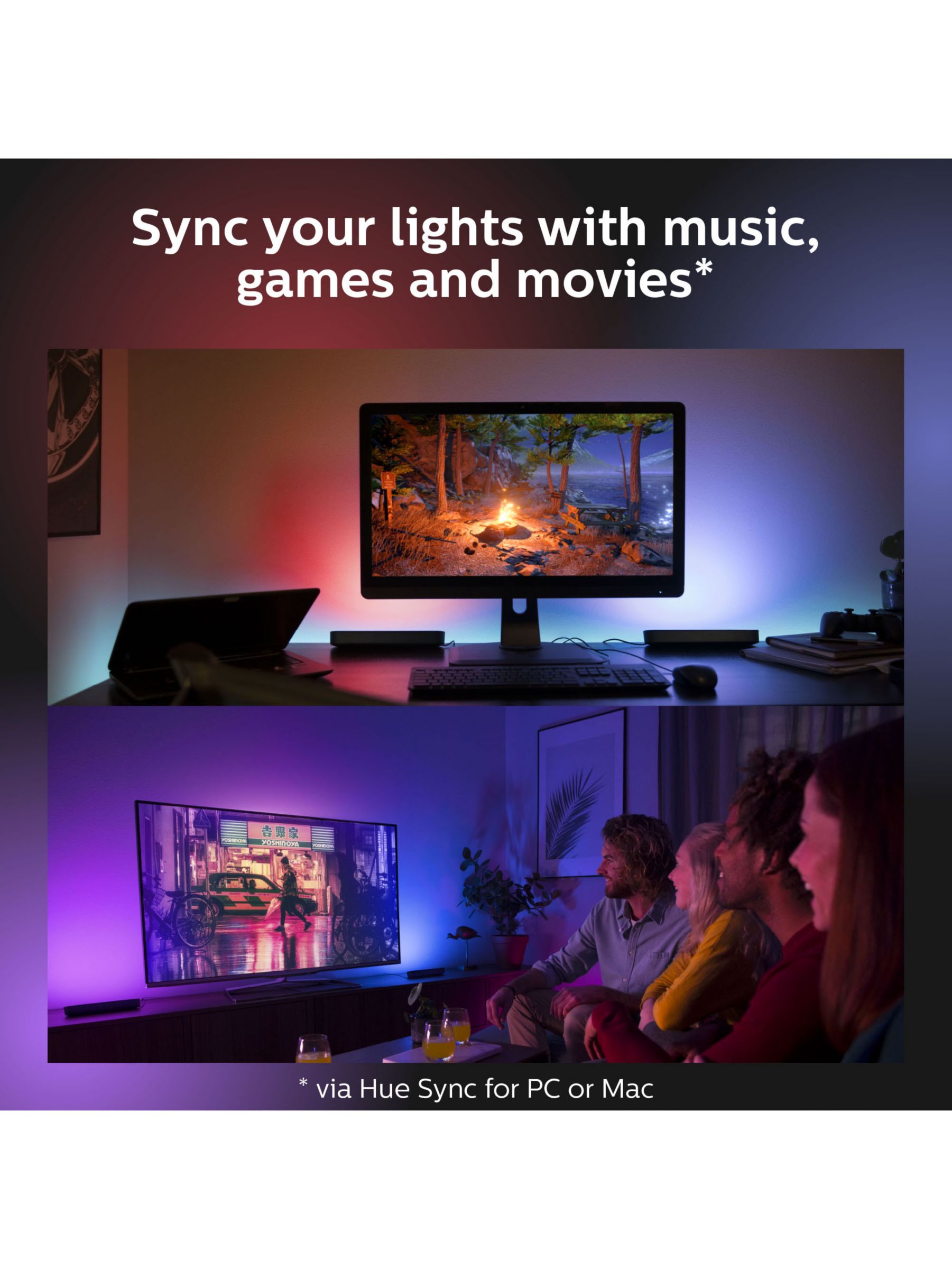  Philips Hue 55 Smart TV Light Strip - White and Color Ambiance  LED Color-Changing TV BackLight - Sync with TV, Music, and Gaming -  Requires Bridge and Sync Box - Control