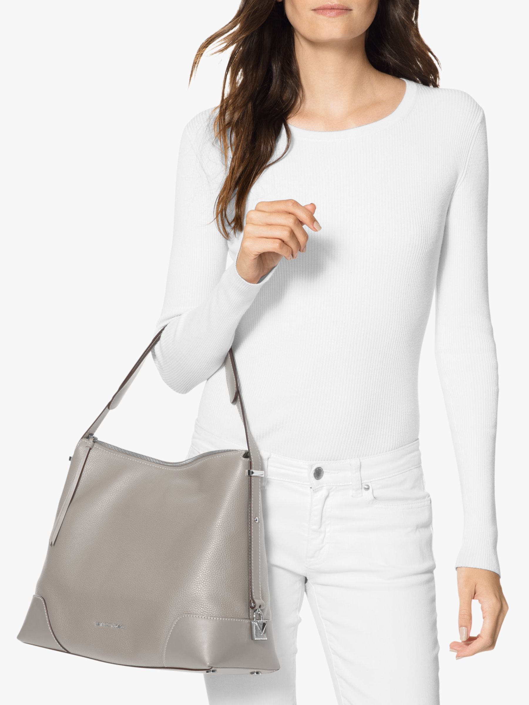 MICHAEL Michael Kors Crosby Large Leather Shoulder Bag, Pearl Grey