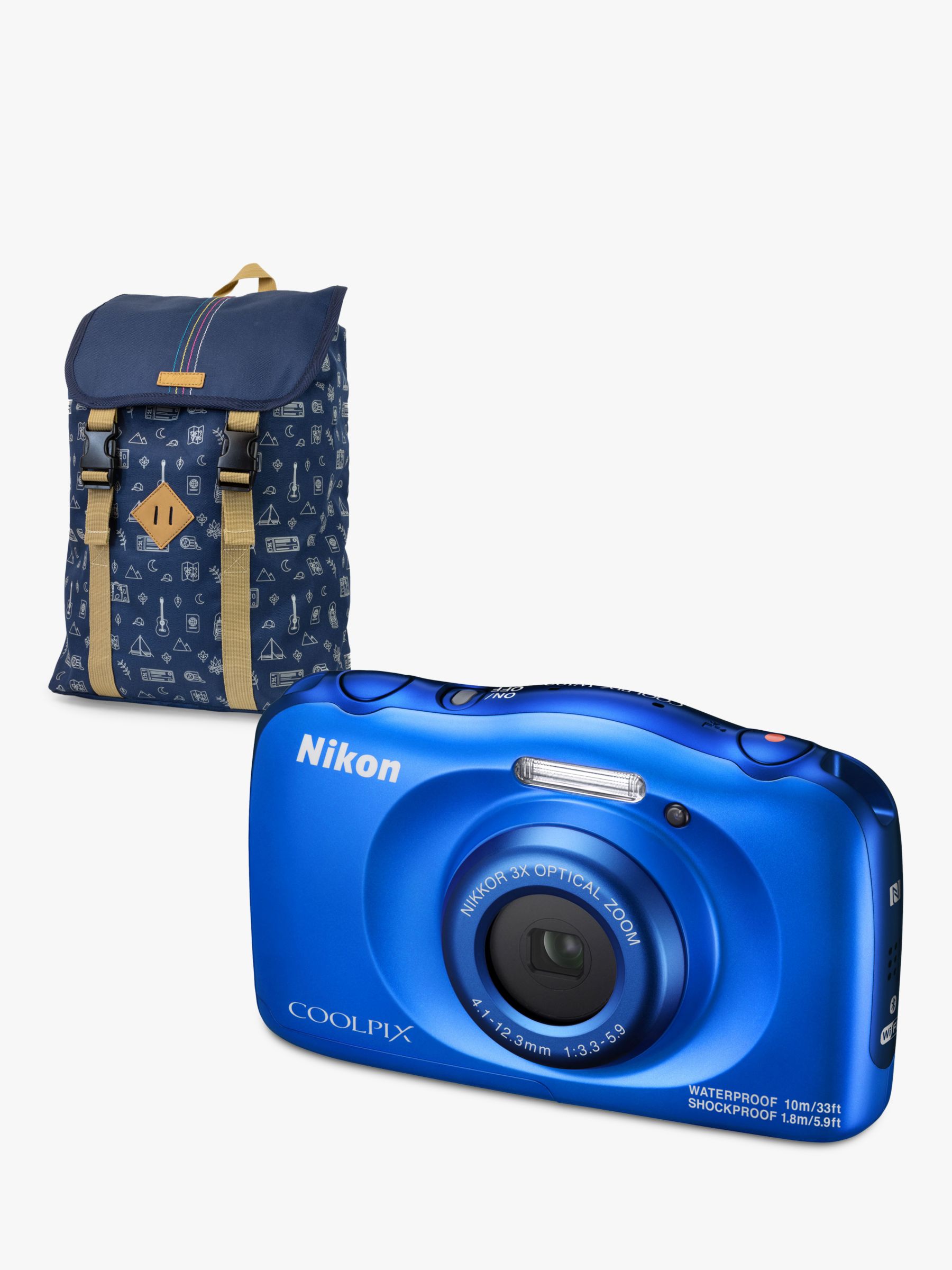 Nikon COOLPIX W100 Waterproof Digital Camera, 13.2MP, HD 1080p, 3x Optical Zoom, Bluetooth & 2.7 LCD Screen with Backpack, Blue