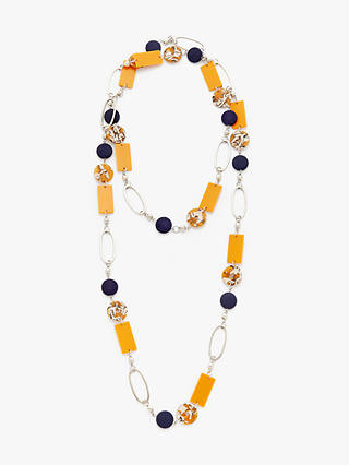 One Button Multi Bead Long Layered Necklace, Navy/Mustard