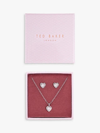 Ted Baker Swarovski Crystal Heart Pendant Necklace and Stud Earrings Jewellery Gift Set
