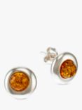 Be-Jewelled Baltic Amber Round Stud Earrings, Silver/Cognac