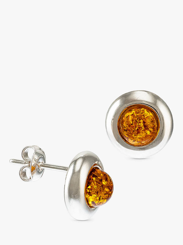 Be-Jewelled Baltic Amber Round Stud Earrings, Silver/Cognac
