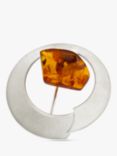 Be-Jewelled Brushed Baltic Amber Round Brooch, Silver/Cognac