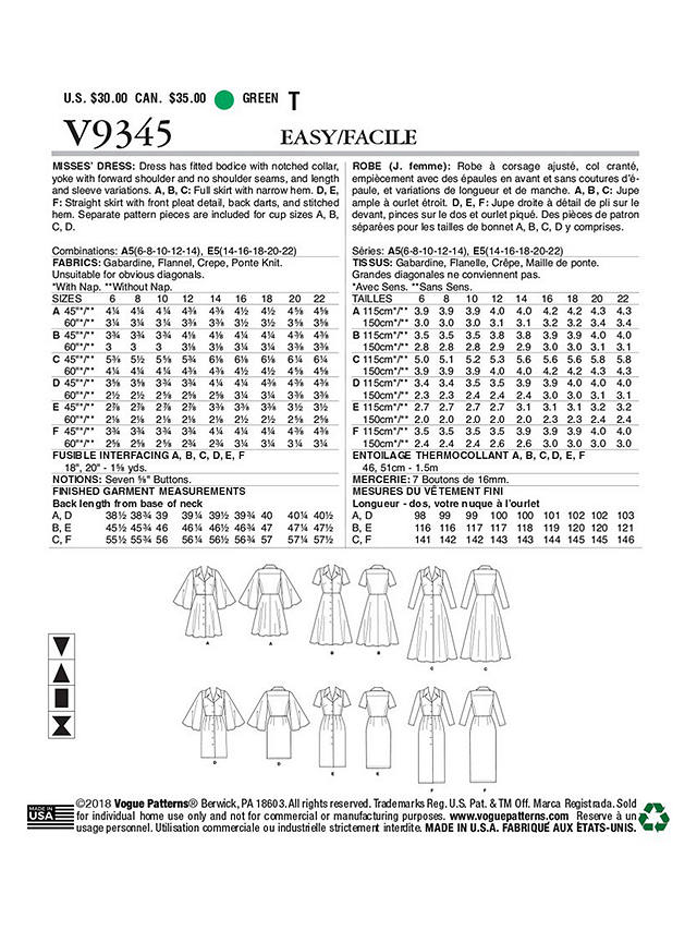 Vogue Easy Options Women's Dress Sewing Pattern, 9345, A5