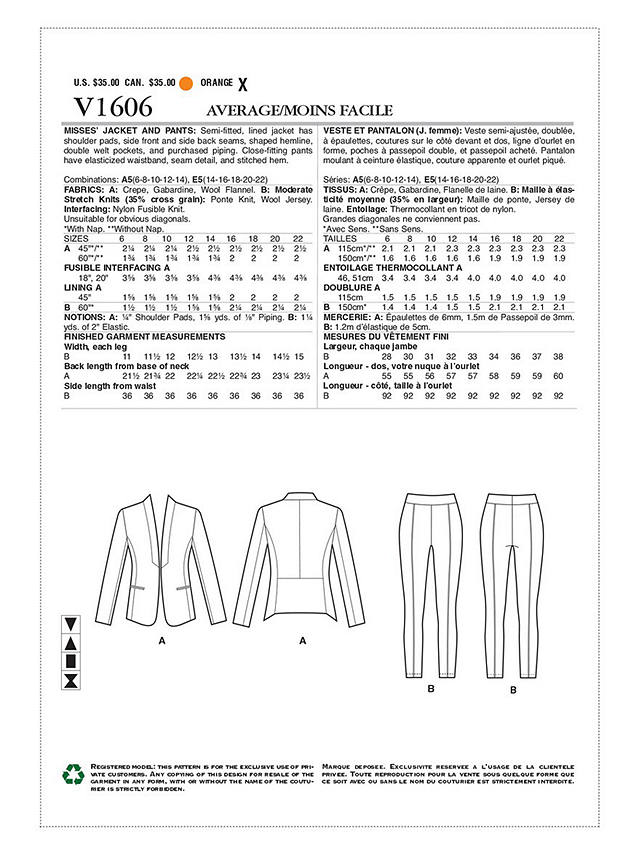 Vogue Women's Blazer and Trousers Sewing Pattern, 1606, A5